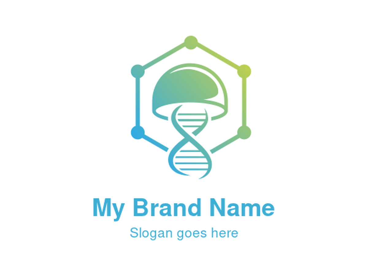 Gradient Blue Green Mushroom with DNA Helix in Hexagonal Network Logo - Ideal for Biotech, Pharmaceutical, Wellness, and Mycology Brands Seeking a Symbol of Natural Science, Genetic Innovation, and Holistic Health